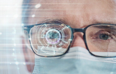 Man, face and biometric glasses eye scanner for, cyber security or optic identity with mask in double exposure. Password safety with futuristic tech for access, verification or facial recognition