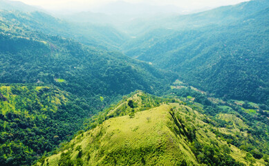 Fototapeta premium Aerial view of the green hills and gorge. Beautiful mountain background texture for tourism and advertising. Tropical landscape from a drone