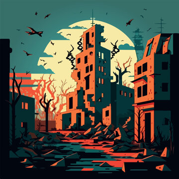 War on Ukraine concept destroyed Ukrainian city flat vector illustration