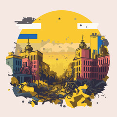 War on Ukraine concept destroyed Ukrainian city flat vector illustration