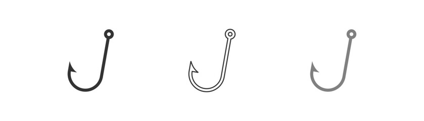 Fishhook icon on light background. Fishing symbol. Trap, lure, fish, angler, fisher signs. Scam concept. Outline, flat and colored style. Flat design. Vector illustration.