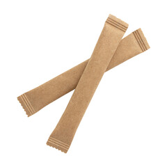 two sugar stick, sugar in paper kraft packaging, mock up for design isolated on white background