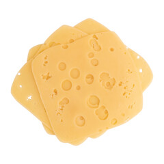 slices of cheese isolated on white background, pieces of sliced gouda cheese laid out to create layout
