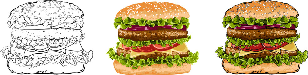 set of double cutlet hamburgers isolated on transparent background. food vector illustration
