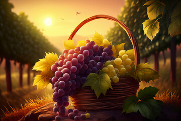 Fototapeta premium Basket with grapes in the garden. AI generated