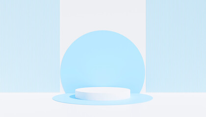White and blue cylindrical plinth, round background for displaying advertising products. Minimal pastel studio scene. 3D rendering.
