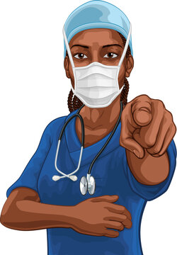 A black woman doctor or nurse medical healthcare health professional. Dressed in scrubs and PPE mask pointing in a classic needs you pose