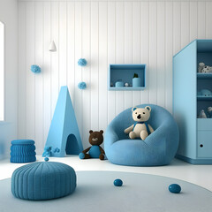 Bright and cozy modern playroom interior with blue furniture and decoration room on empty blue or white wall background, Ai generated
