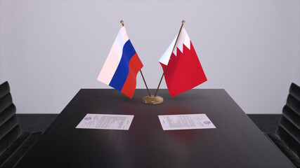 Bahrain and Russia national flag, business meeting or diplomacy deal. Politics agreement 3D illustration