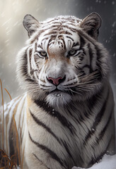 Fototapeta premium Portrait of a white tiger in the background of a snowy landscape. AI generated