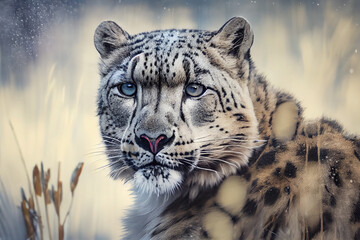 Portrait of a snow leopard in the background of a snowy landscape. AI generated