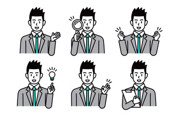 A collection of business man poses to guide and explain business