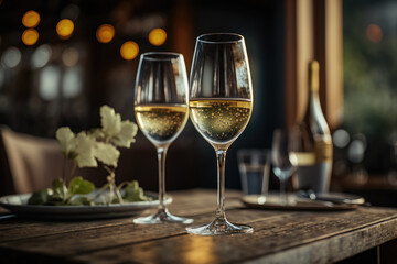 Pair of glasses of champagne or white wine on the background of the restaurant