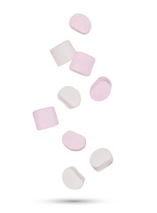 Marshmallows falling in the air isolated on transparent background. PNG