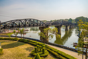 Fototapeta premium View at the Kanchanaburi bridge over Kwai river - Thailand