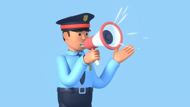 Cartoon style 3d animation of police officer speaking with megaphone. Policeman making speech, announcement or warning