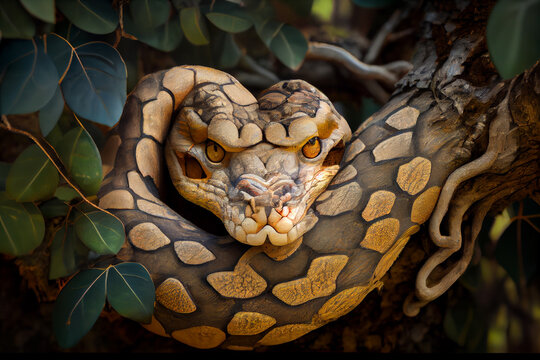 Giant python in the branches of a tree. AI generated.