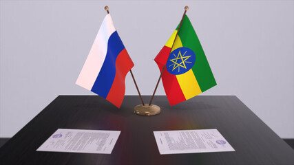 Ethiopia and Russia national flag, business meeting or diplomacy deal. Politics agreement 3D illustration