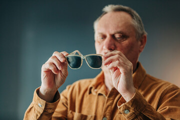 elderly man wearing special glasses for eye training