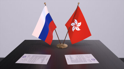 Hong Kong and Russia national flag, business meeting or diplomacy deal. Politics agreement 3D illustration