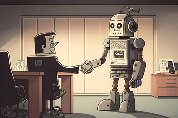 A cartoon of a new robot employee shaking hands with his new human manager, future work office environment with advanced technology and android employees