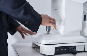 Ophthalmologist, glaucoma and optometrist hands on machine for eye exam for vision care, health and...