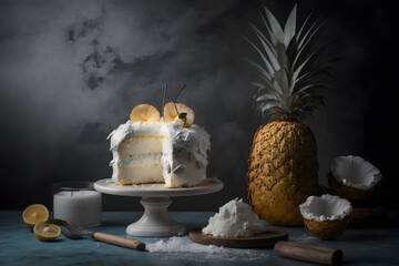 Sweet white cake made of coconut and pineapple made with Generative AI