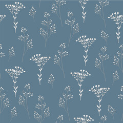 Elegance wild Flowers seamless Pattern on blue background. Vintage gentle Meadow wallpaper. Hand drawn simple Botanical surface. Vector illustration