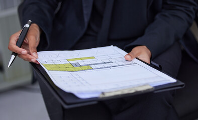 Closeup, woman and clipboard with document, information and survey for data analytics. Zoom, female employee and leader with paperwork, pen and compliance for review, report and personal details