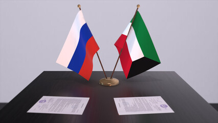 Kuwait and Russia national flag, business meeting or diplomacy deal. Politics agreement 3D illustration