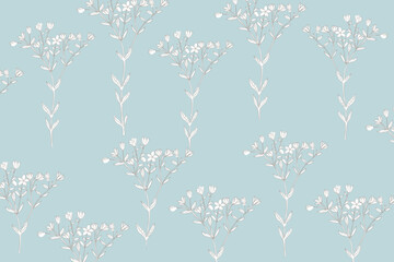 Cute floral pattern in the small flowers. Elegant fashion print. Vintage botanical wallpaper. Vector illstration. Hand drawing wildflower on light blue background