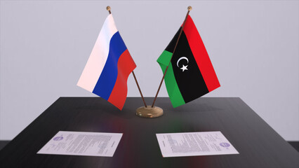 Libya and Russia national flag, business meeting or diplomacy deal. Politics agreement 3D illustration