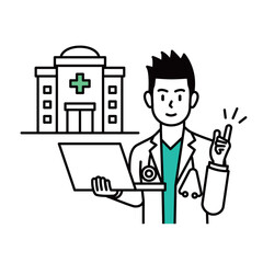 Cartoon illustration of a male doctor explaining and briefing on health care and health care in the background of a hospital.