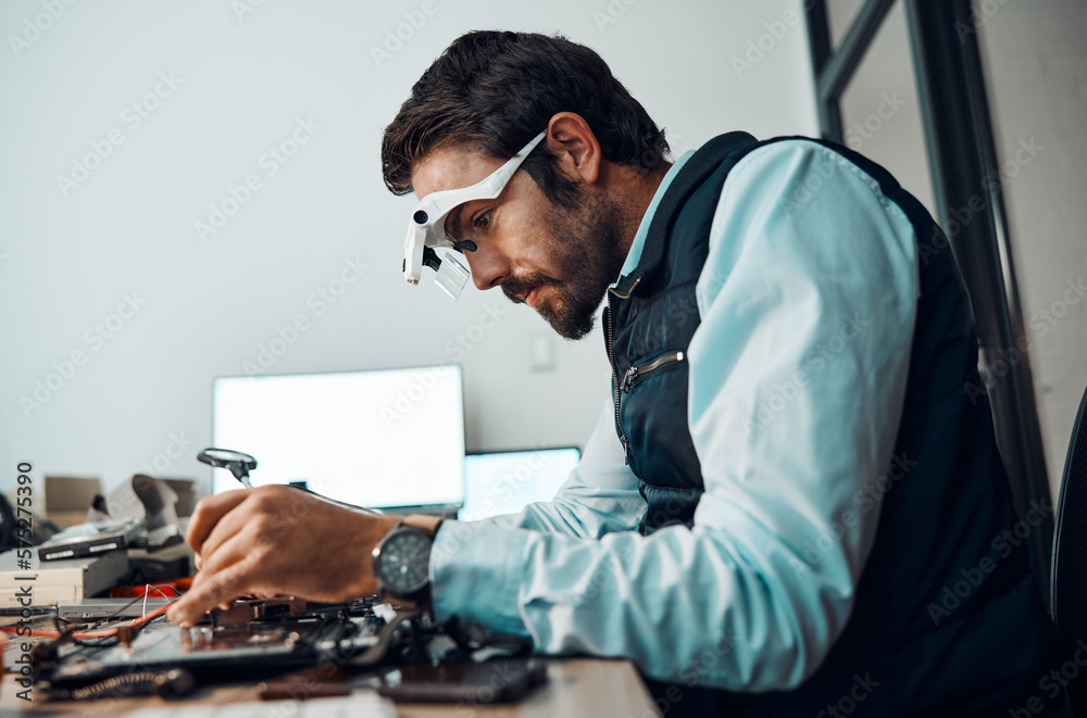 Poster it man, technician or magnifying glasses in motherboard fix, engineering workshop or database update