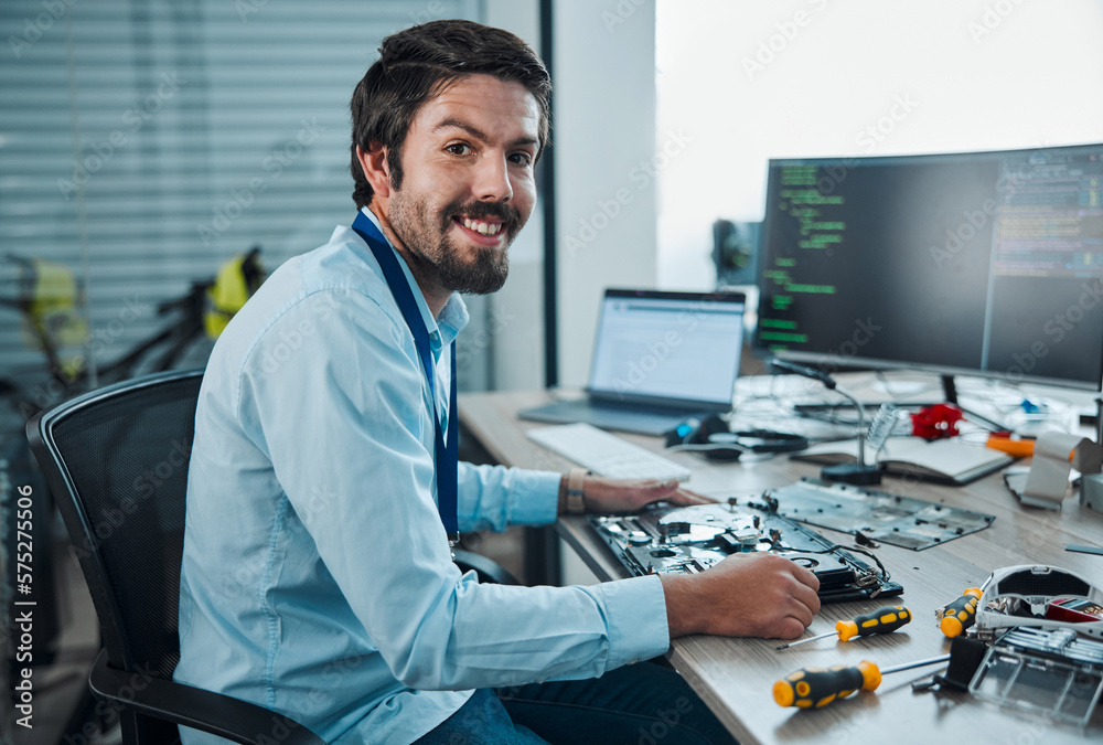 Leinwandbilder Information technology portrait, motherboard circuit and man repair computer hardware, electronics or semiconductor. CPU system maintenance, service industry or IT worker fixing microchip in tech lab