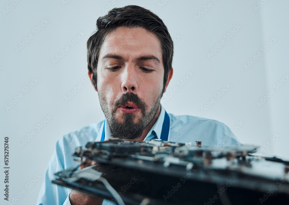 Poster information technology, fixing motherboard circuit and man blow dust from electronics, semiconductor