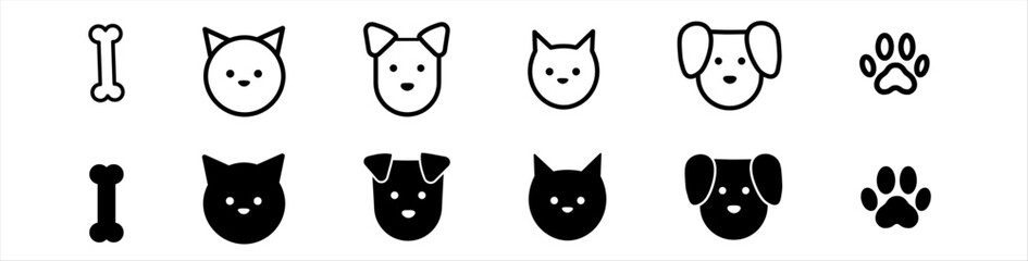 Cat, dog and paws icon. Black and white set