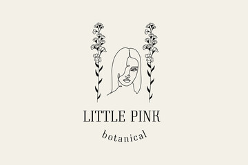 Abstract Woman Face Portrait in Wild Flowers artwork. Gorgeous Outline Female Avatar for logo, label, banner, social media, shop. Vector illustration