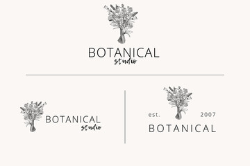 Collection of Premade Hand Drawn Logo with Wild Flower and Bouquet. Logo for spa and beauty salon, boutique, organic shop, wedding, floral designer, interior, photography, cosmetic. Floral element