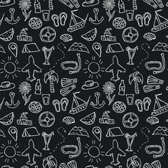Summer seamless pattern. travel background. Travel vacation set of icons, journey and trip background. Doodle summer travel icons. Vacation vector pattern with travel icons