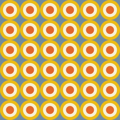 Retro aesthetic seamless pattern in style 60s, 70s. Colorful circles or rings on a blue background. Geometric vector print. 