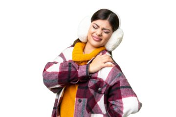 Young Russian woman wearing winter muffs over isolated chroma key background suffering from pain in shoulder for having made an effort