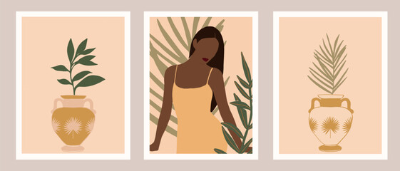 Gorgeous Black Woman in Fashion Dress with Antique Ceramic Pottery. Artwork collection. Trendy Tropical Boho vector illustration. Inspiration exotic vertical background for costal media, post, print, 