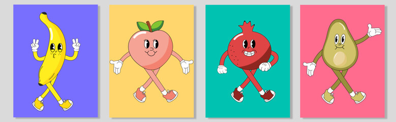 Banana, pear, pomegranate, avocado. Cute groovy cartoon characters with hands, legs, eyes. Bright comic style. Hand drawn. Vector illustration	
