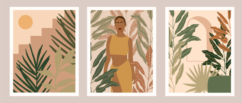 Beautiful Abstract Afro American woman in fashion white dress. Pastel Tropical leaves background. Modern minimalist glamour female portrait with nature jungle pattern. Vector illustration