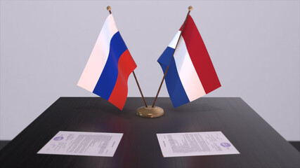 Netherlands and Russia national flag, business meeting or diplomacy deal. Politics agreement 3D illustration