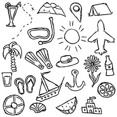 travel background. Travel vacation set of icons, journey and trip background. Doodle summer travel icons