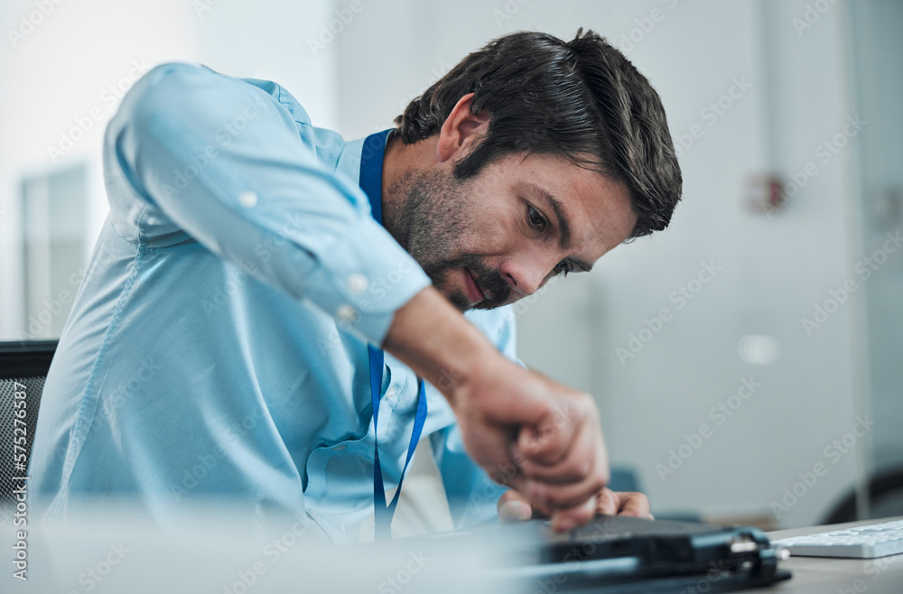 Fototapete laptop, service and screwdriver with an engineer or handyman fixing hardware in an it office. comput