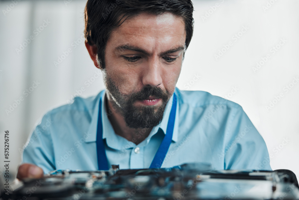Poster information technology face, laptop circuit or man repair motherboard hardware, electronics or semic