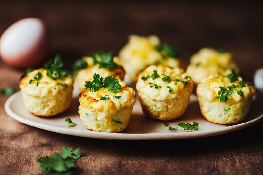 Mini Cauliflower Cheese Egg Muffins served on a plate with whole head of cauliflower and bunch of parsley on background. Selective focus, horizontal, wooden table. Generative AI